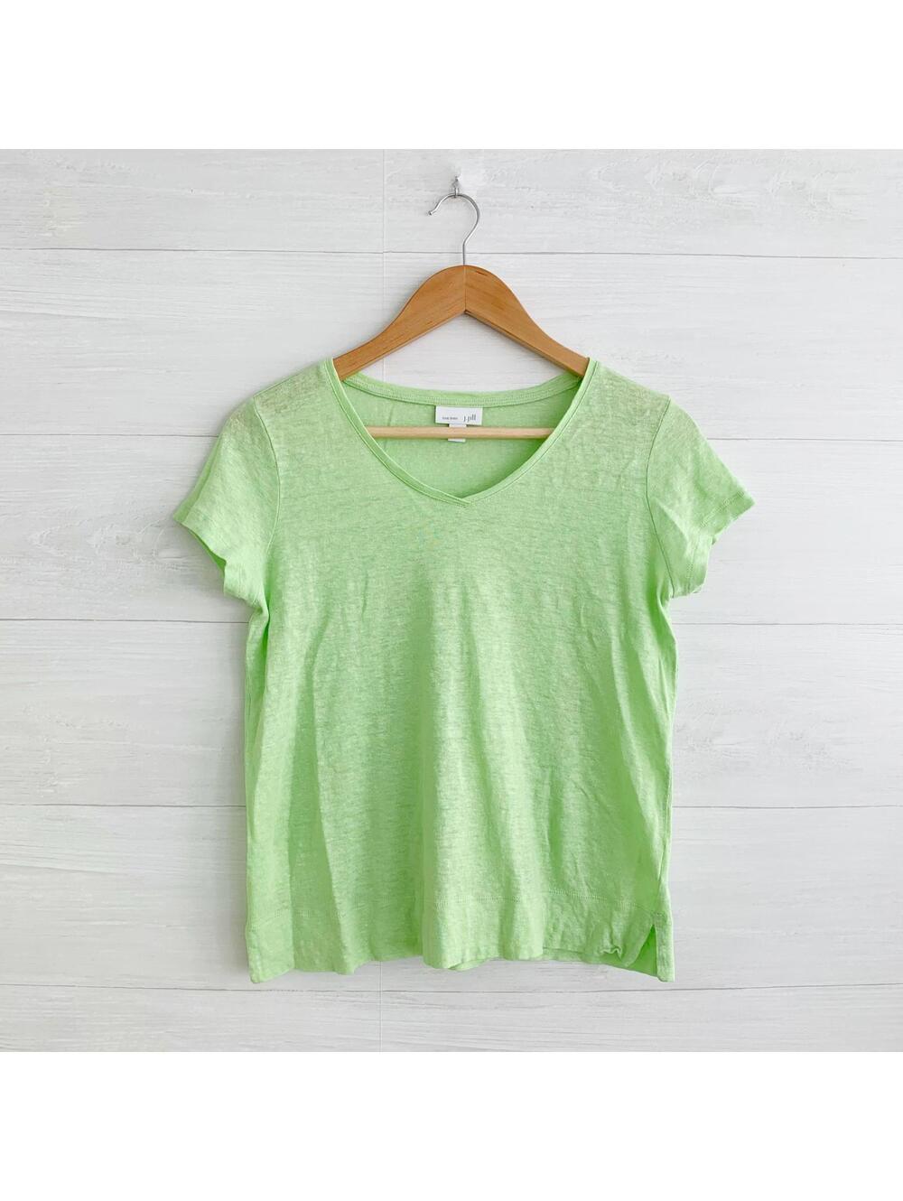 J.Jill Love Linen Green V Neck 100% Linen Tee XS Petite Relaxed Boxy Top